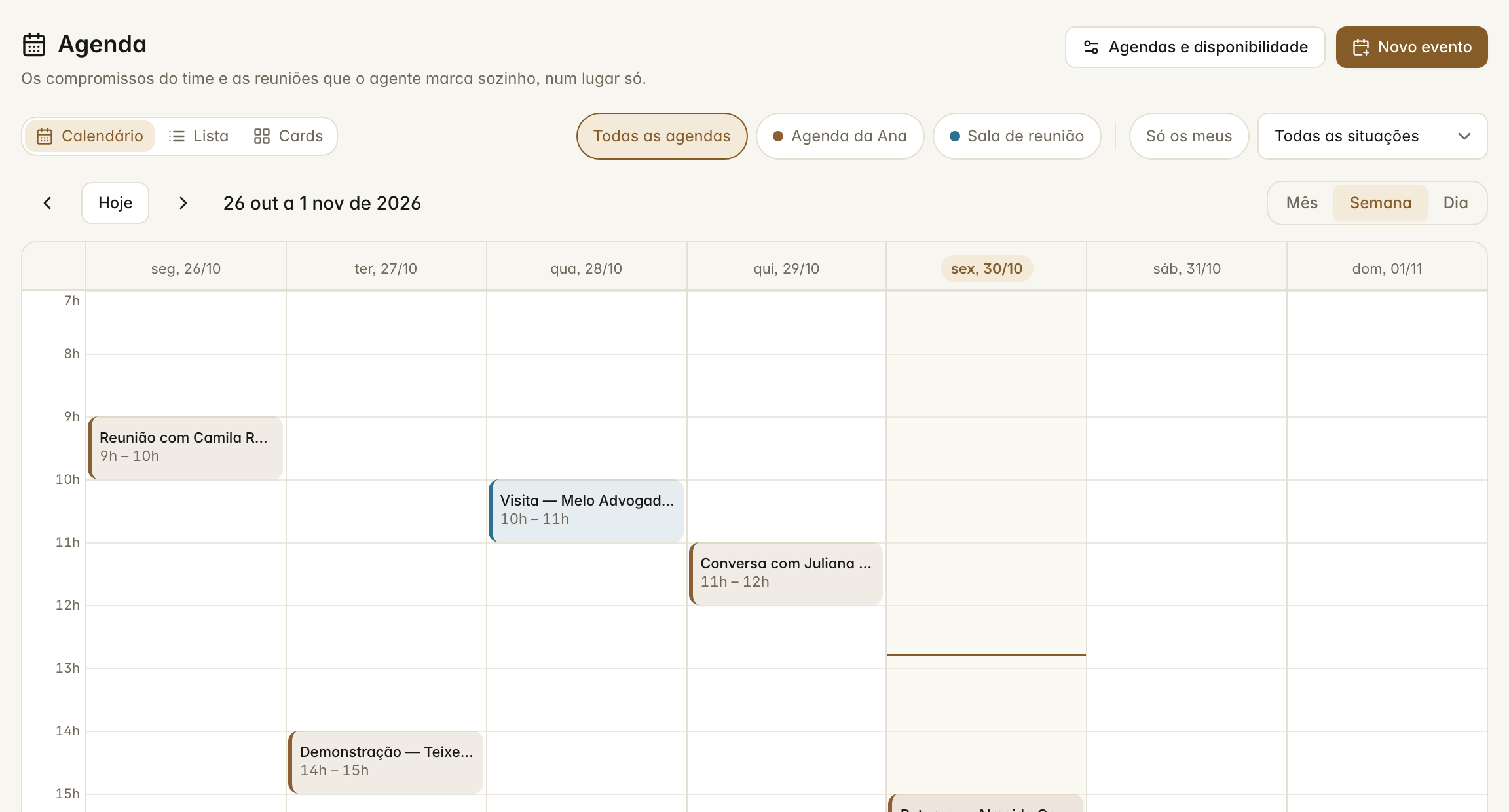 O calendário da semana, com as reuniões de cada agenda