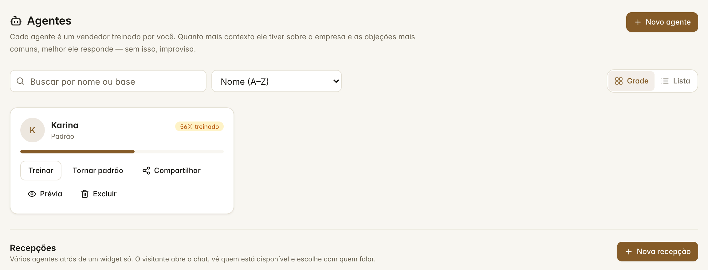 A lista de agentes, com o quanto cada um está treinado
