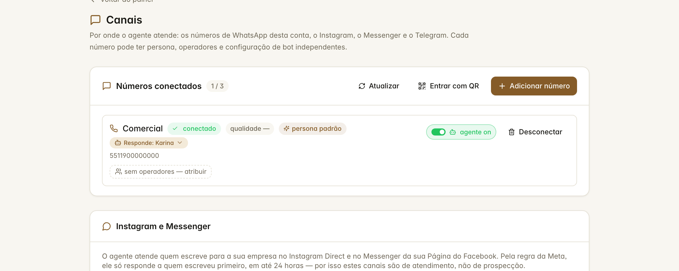 A tela de canais com um número conectado