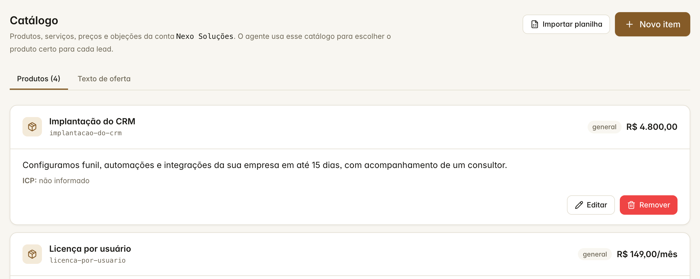O catálogo com os produtos e preços