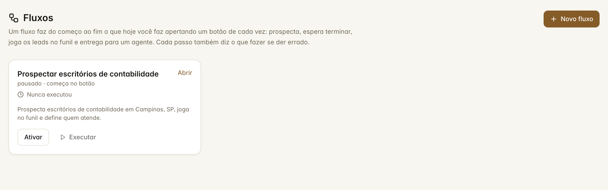 A lista de fluxos