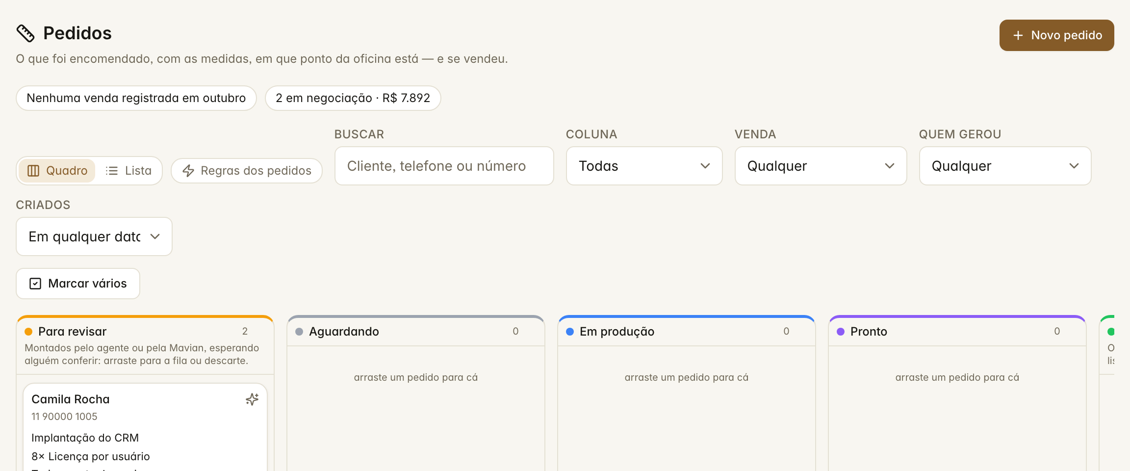 O quadro de pedidos com as colunas de andamento