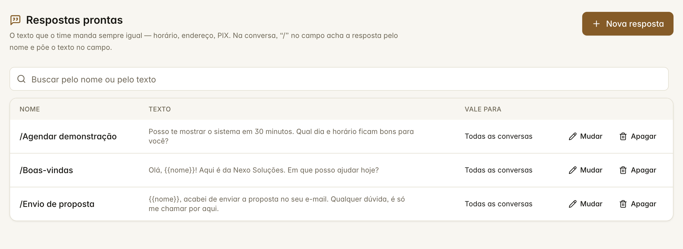 A lista de respostas prontas